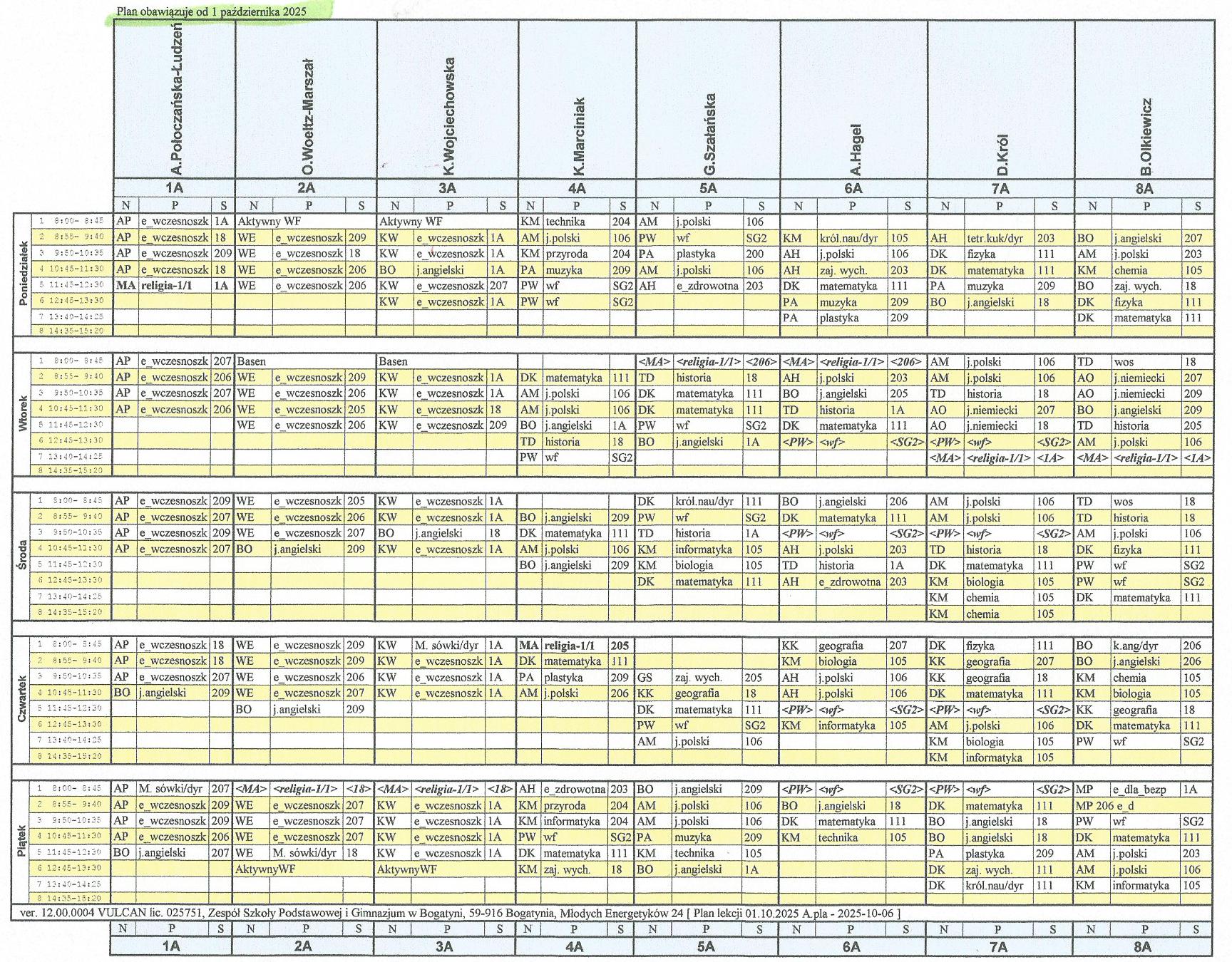 Plan lekcji - I semestr roku szkolnego 2025/2026